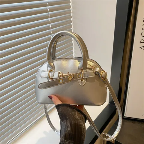 Women's Vintage PU Leather Shell Handbag Small Underarm Bag With Adjustable Shoulder Strap Metallic Bowling Bag For Daily Use
