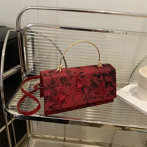 Sac Bandoulière Élégant Broderie Papillon Avec Poignée en Métal Doré Sac à Main Dentelle Florale Petit Sac Carré Femme