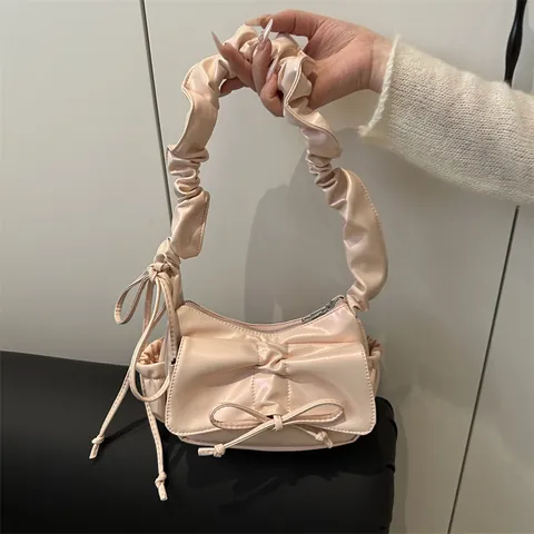 Bolso de Axila de Cuero PU Metalizado para Mujer Moda Fruncido Lazo Decoración Bolso de Hombro Color Sólido Hobo Elegante