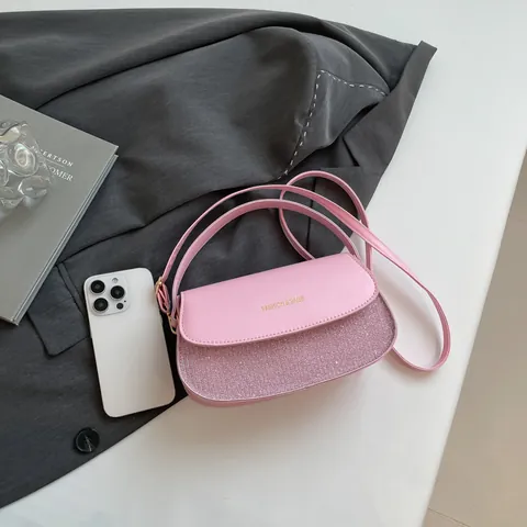 Fashion PU Leather Sequin Patchwork Semicircle Shoulder Bag Versatile Handheld Crossbody Bag Trendy Commuter Handbag For Women