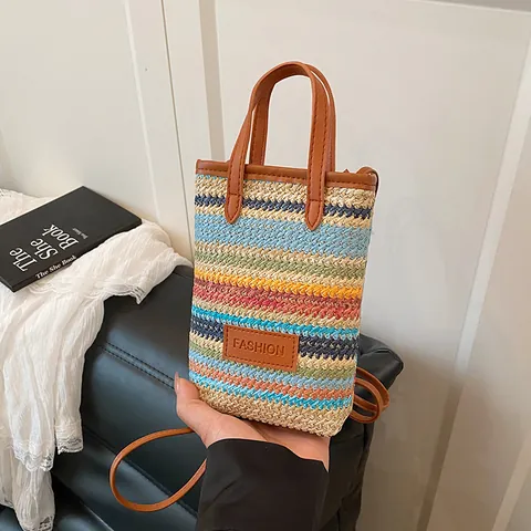 Borsa Tote Mini Intrecciata a Righe Colorate da Donna Borsa per Cellulare in Paglia Bohémien Tracolla Manico in Pelle PU Marrone