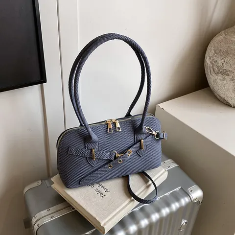 Damen Gewebte PU Leder Schultertasche Mode Unterarmtasche Große Kapazität Handtasche Mit Gold Hardware Gürtelschnalle Dekor