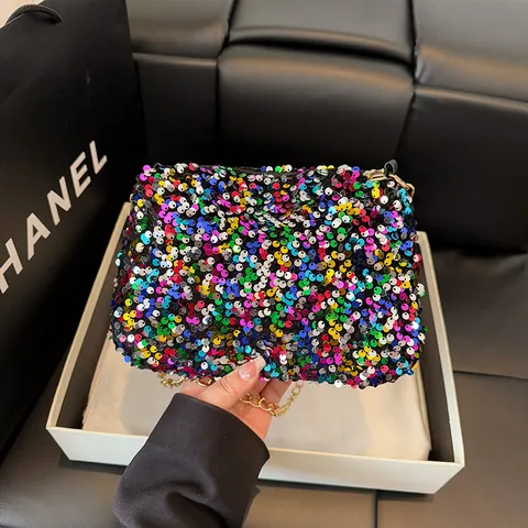 Borsa a Spalla con Catena di Paillettes alla Moda per Donna Borsa a Tracolla Quadrata Piccola Iridescente Colorata per Festa Banchetto Elegante Pochette da Sera