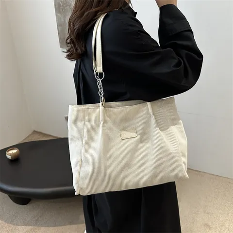 Gran Capacidad Mujeres Pana Tote Bolso Casual Commuter Bolso de Hombro Vintage Chic Bolso de Mano Con Correa de Cadena de Metal
