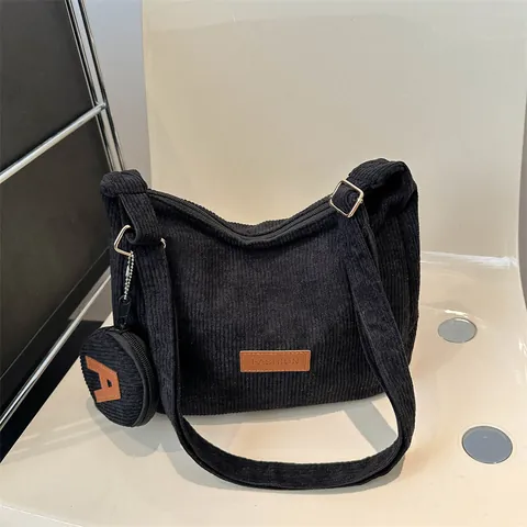 Borsa Tote in Velluto a Coste Grande Capacità Rétro da Donna Borsa a Spalla Casual Con Portamonete Rotondo Etichetta Moda