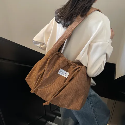 Damen Casual Cord Tragetasche Große Kapazität Kordelzug Umhängetasche Vintage Hobo Handtasche Für Tägliches Einkaufen Pendeln