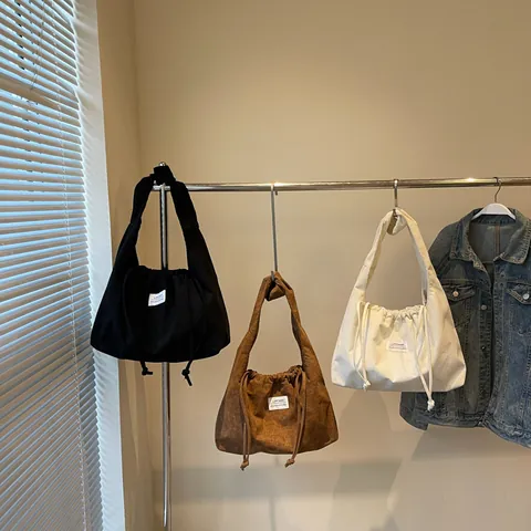 Women's Large Corduroy Tote Bag Vintage Drawstring Shoulder Bag Casual Solid Color Large Capacity Shopper Bag For Daily