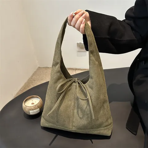 Borsa Tote da Donna in Finta Pelle Scamosciata Minimalista Coreana con Fiocco Coulisse Borsa a Spalla Vintage Grande Capacità Hobo