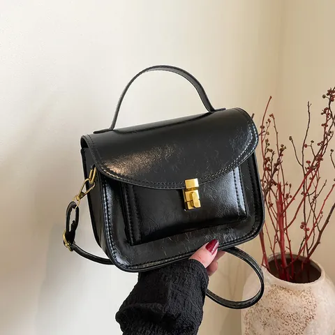 Vintage PU Leather Small Square Crossbody Bag For Women Metal Lock Buckle Adjustable Shoulder Strap Solid Daily Handbag