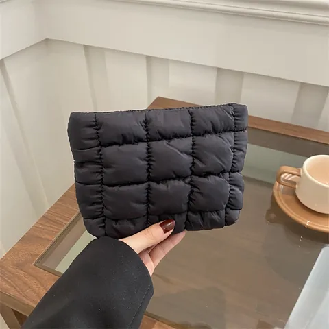 Puffy Quilted Cosmetic Bag Nylon Square Grid Clutch Large Capacity Multi-functional Storage Makeup Organizer Bag For Women