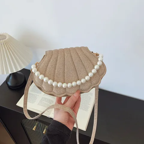 Bolso de Mano con Forma de Concha y Asa de Perlas Artificiales Bolso de Hombro de Cuero PU con Brillo Elegante para Mujer