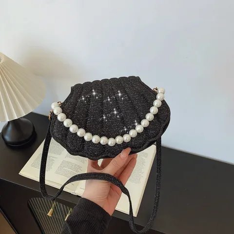 Bolso de Mano con Forma de Concha y Asa de Perlas Artificiales Bolso de Hombro de Cuero PU con Brillo Elegante para Mujer