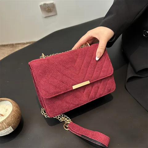 Borsa a Tracolla Vintage da Donna Trapuntata a Chevron Effetto Scamosciato Piccola Borsa Quadrata Con Catena Dorata