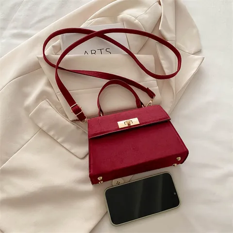 Vintage Frosted PU Leather Handbag For Women Elegant Solid Color Crossbody Bag With Metal Lock Simple Retro Small Tote