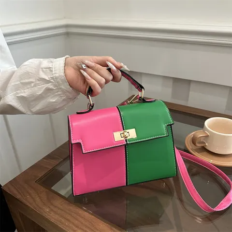 Colorblock Crossbody Bag PU Leather Top Handle Contrast Stitching Fashion Small Handbag For Women