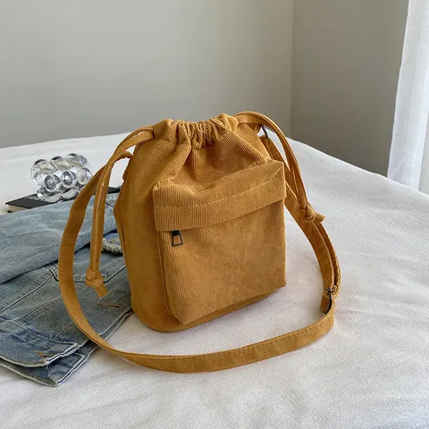 Corduroy Schulter Umhängetasche Eimer Tasche Damen Kordelzug Verschluss Reißverschlusstasche Koreanischer Stil