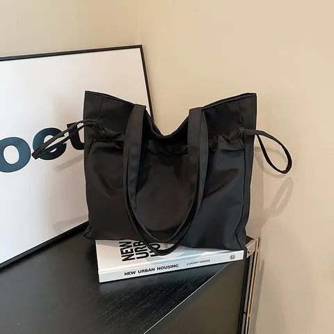 Large Capacity Canvas Tote Bag Women Drawstring Pleated Lightweight Laptop Shoulder Handbag For Commuter Simple Fashion