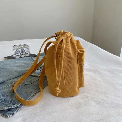 Corduroy Schulter Umhängetasche Eimer Tasche Damen Kordelzug Verschluss Reißverschlusstasche Koreanischer Stil