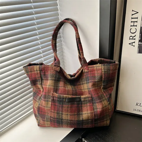Sac Cabas en Laine à Carreaux pour Femmes Grande Capacité Vintage Sac à Bandoulière Sous le Bras pour Collège Shopping Quotidien