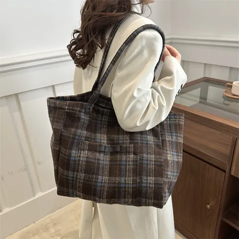 Sac Cabas en Laine à Carreaux pour Femmes Grande Capacité Vintage Sac à Bandoulière Sous le Bras pour Collège Shopping Quotidien