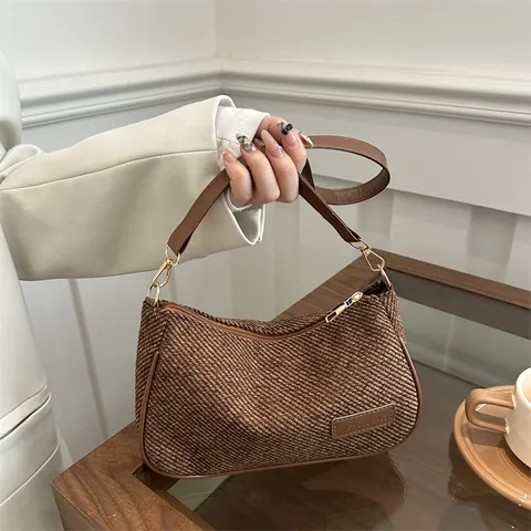 Sac Sous le Bras en Tissu Texturé Rétro pour Femme Avec Bordure en Cuir PU Contrasté Sac à Épaule Minimaliste Urbain