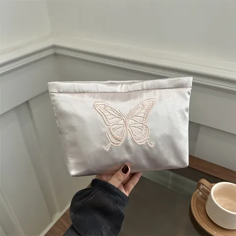 Elegante Bolso de Mano de Satén Bordado con Mariposas para Mujer Bolso de Noche Vintage Neceser de Fiesta con Cremallera