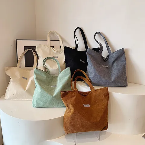 Borsa Tote in Velluto a Coste da Donna Grande Capacità Retrò Casual Tinta Unita Borsa a Spalla Con Etichetta Fashion Instinct Per Shopping