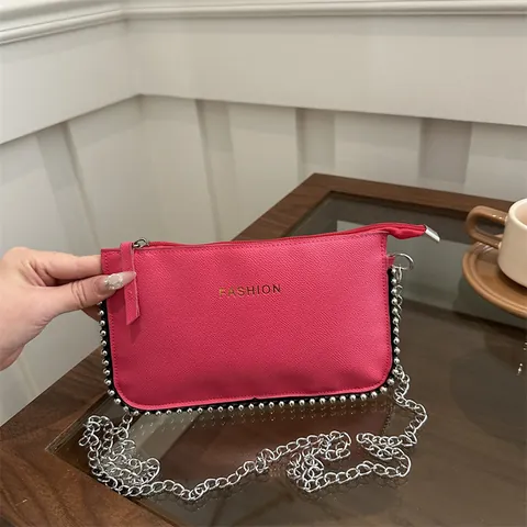 Women Fashion PU Leather Envelope Crossbody Bag With Silver Chain Rivet Decor Solid Color Small Shoulder Bag Daily Party Gift