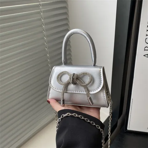 Mini Borsa a Mano in Pelle PU da Donna Con Fiocco in Strass Catena Decorativa Borsa a Tracolla Per Feste Moda Dolce