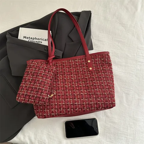 Tweed Tragetasche Und Passende Tasche Große Kapazität Schultertasche Elegante Karo Gewebte Einkaufstasche Für Damen Täglich Arbeit