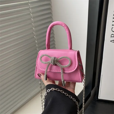 Mini Borsa a Mano in Pelle PU da Donna Con Fiocco in Strass Catena Decorativa Borsa a Tracolla Per Feste Moda Dolce