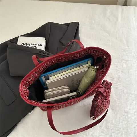 Tweed Tragetasche Und Passende Tasche Große Kapazität Schultertasche Elegante Karo Gewebte Einkaufstasche Für Damen Täglich Arbeit