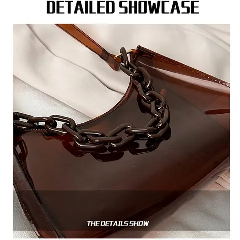 Women Fashion PVC Transparent Underarm Bag With Acrylic Chain Decor Minimalist Solid Color Jelly Shoulder Bag For Summer