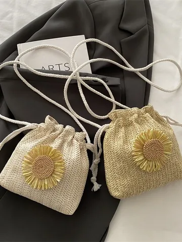 Summer Woven Flower Bucket Bag Women Hand-woven Beach Holiday Drawstring Small Crossbody Bag Pastoral Sunflower Shoulder Bag