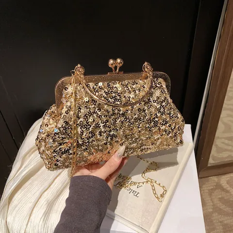 Damen Pailletten Abendtasche Vintage Urban Minimalistisch Umhängetasche Mit Metallkette Für Party Hochzeit Bankett Handtasche