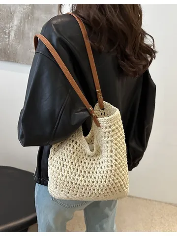 Women's Casual Hand-Woven Hollow Tote Bag Large Capacity Cotton Rope Shoulder Bag With PU Leather Handle Rivets For Summer Beach Vacation