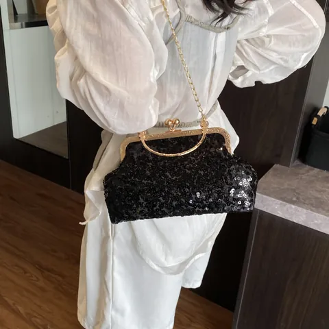 Damen Pailletten Abendtasche Vintage Urban Minimalistisch Umhängetasche Mit Metallkette Für Party Hochzeit Bankett Handtasche
