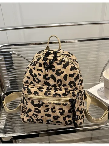 Zainetto da Donna Vintage Leopardato in Velluto a Coste Retro Streetwear Moda Piccolo Zaino da Viaggio per Uso Quotidiano