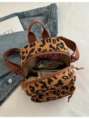 Zainetto da Donna Vintage Leopardato in Velluto a Coste Retro Streetwear Moda Piccolo Zaino da Viaggio per Uso Quotidiano