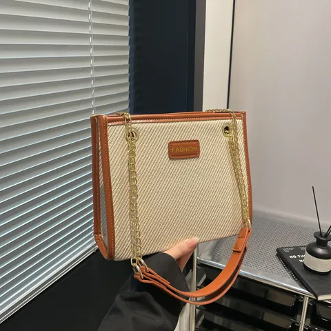 Women Fashion Large Capacity Woven Canvas Tote Bag Retro PU Contrast Shoulder Handbag With Gold Chain Strap For Commute