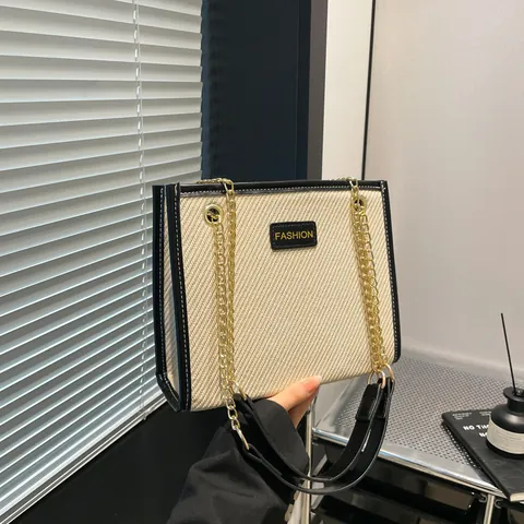 Women Fashion Large Capacity Woven Canvas Tote Bag Retro PU Contrast Shoulder Handbag With Gold Chain Strap For Commute