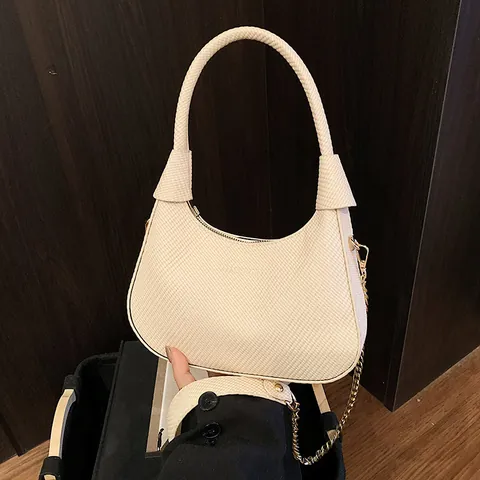 Women Woven Texture PU Leather Underarm Bag Half Moon Hobo Shoulder Bag Gold Chain Strap Zipper Closure Fashion Minimalist Handbag