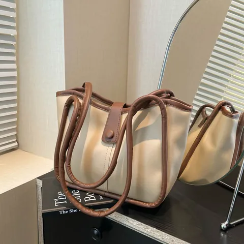 Bolso Tote de Cuero PU Vintage para Mujer Gran Capacidad Color de Contraste Bolso de Hombro Elegante Bolso de Oficina