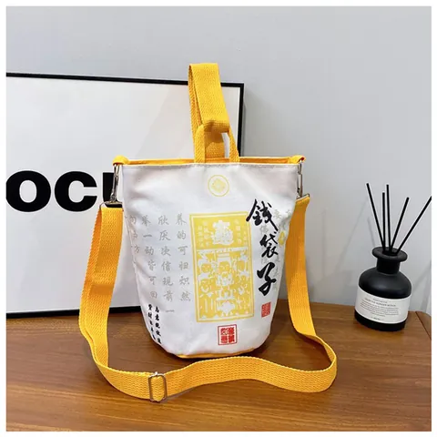 Women Chinese Style Canvas Bucket Bag Lucky Money Bag Design Crossbody Shoulder Bag Casual Travel Print Tote Bag