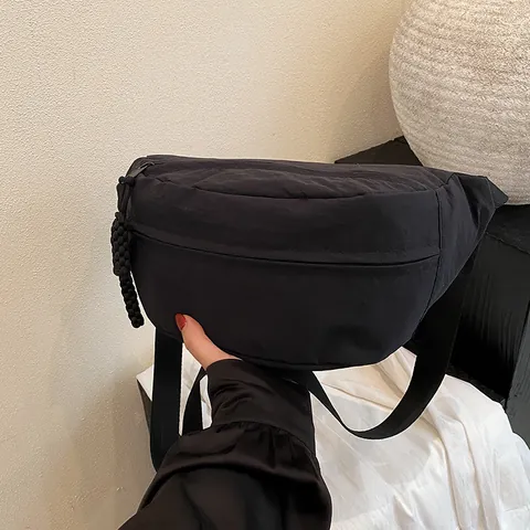 Minimalist Nylon Composite Fabric Chest Bag For Women Men Casual Wide Strap Waist Bag With Woven Rope Zipper Puller