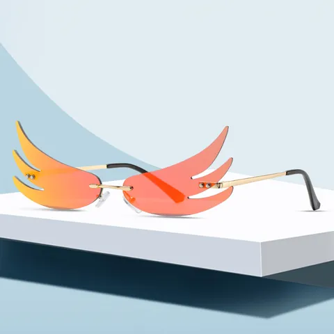 Women Rimless Wing Flame Shape Sunglasses Metal Frame UV400 Gradient Lens Fashion Eyewear For Party Show Stage Decoration