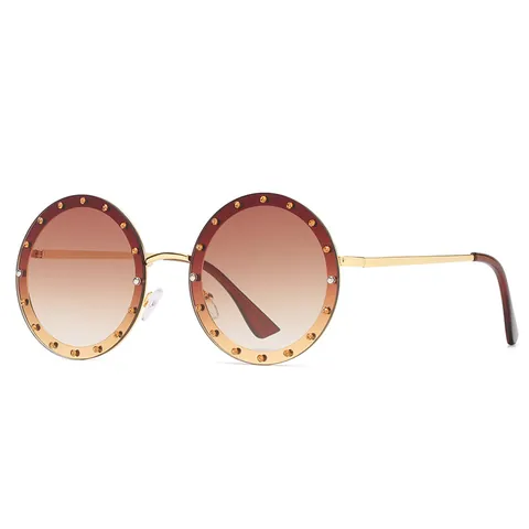 Damen Retro Runde Übergröße Sonnenbrille Luxus Strass Randlos Metallrahmen UV400 Schutz Mode Brillenzubehör Für Reisen Party Alltag