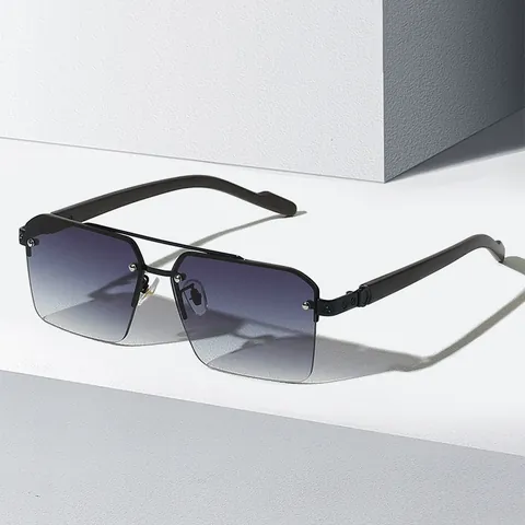 Occhiali da Sole Quadrati Senza Montatura da Uomo Moda Doppio Ponte in Metallo UV400 Aste Trama Legno per Guida All'aperto Viaggi 22045