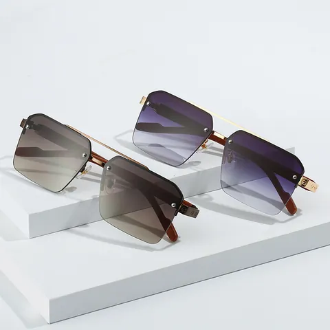 Occhiali da Sole Quadrati Senza Montatura da Uomo Moda Doppio Ponte in Metallo UV400 Aste Trama Legno per Guida All'aperto Viaggi 22045