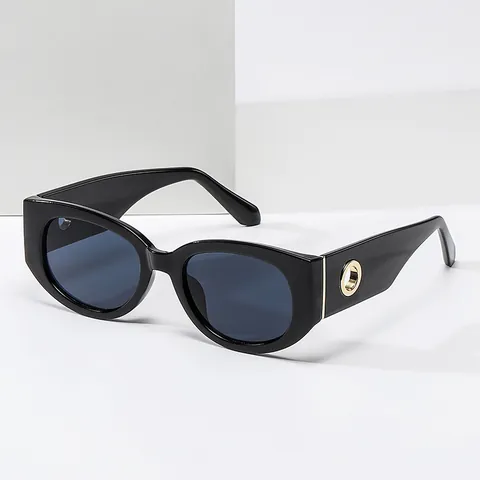 Retro Ovaal Cat Eye Zonnebril UV400 Bescherming Dik Montuur Gouden Ring Decoratie Street Style Bril Voor Dames Heren